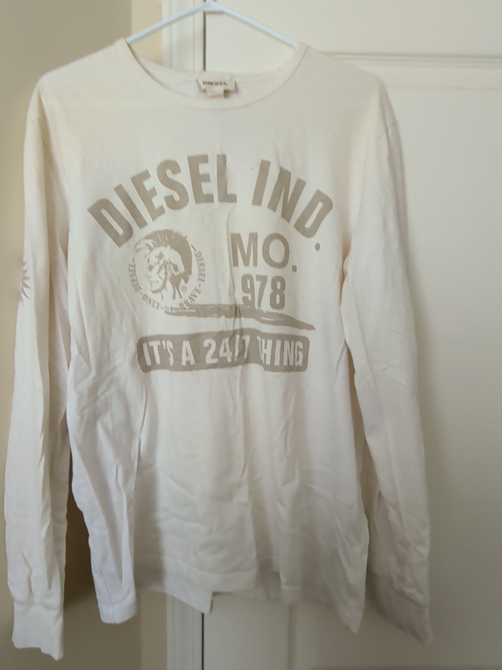 Vintage Diesel Industry Long Sleeve T-Shirt Mens XL Cream Graphic Y2K Streetwear